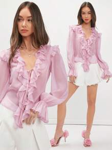 Enchnt Women's Patchwork Ruffle Hem Flare Sleeve Shirt