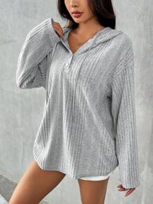 SHEIN EZwear Women's Casual Dropped Shoulder Long Sleeve Loose Gray Knit Hooded Tee, Spring & Fall