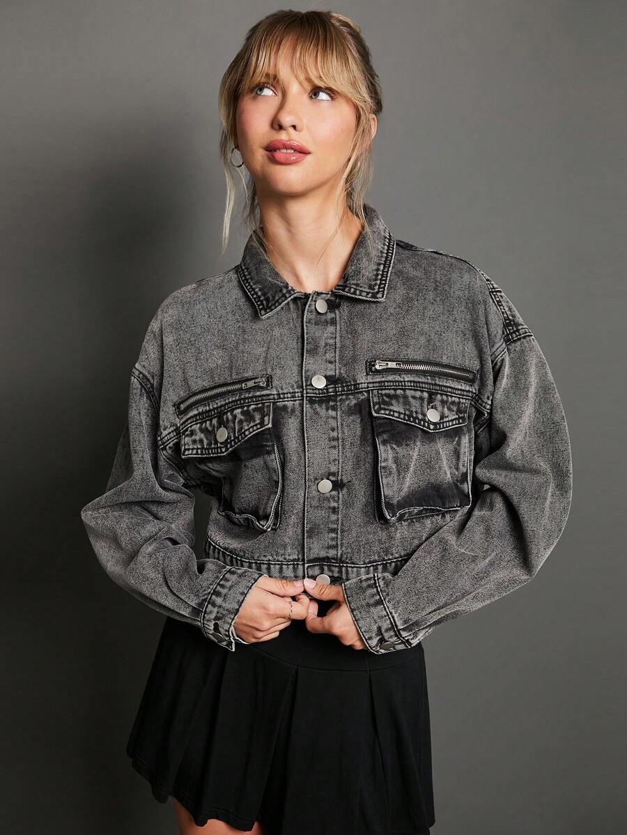 WESTFADE Premium Cotton Denim Cropped Casual Fall Cargo Jacket - Black - View 1