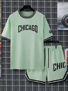 Manfinity Homme Men's Plus Size Summer Letter Printed Round Neck Casual Short Sleeve T-Shirt And Drawstring Waist Shorts Set - Green - View 6