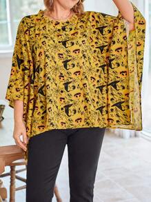Halloween Plus Size Women Pumpkin Print Round Neck Batwing Loose Casual Blouse, Spring Summer Fall Cloth For Women
