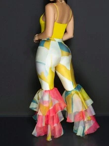 European & American Style Women's Fashion Slim Sexy Ruffle Mesh Contrast Printed Long Pants - Yellow - View 2