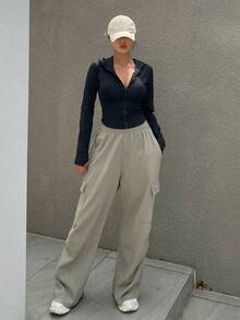 DAZY 女士修身连帽开衫字母印花夹克 - 黑色 - 查看 2