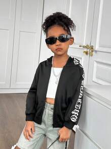 Young Girl Casual Letter Graphic Zip Up Raglan Sleeve Sweatshirt - Black - View 7