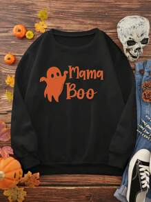Dames lange mouwen fleece ronde hals sweatshirt, Halloween thema Glow-in-the-dark schattige vleermuis print pullover casual sweatshirt, bijpassende familie outfits