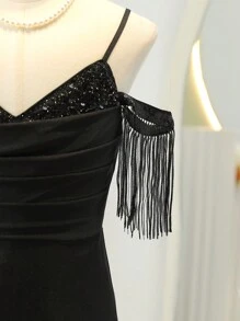 SHEIN 少女无袖露背亮片流苏拼接高腰黑色优雅长裙，夏季时尚连衣裙，适合生日派对、演出和晚会活动 - 黑色 - 查看 7