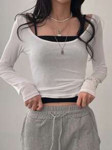 DAZY 2 件女式圆领长袖修身 T 恤和吊带背心套装，春夏、秋季服装学院风上衣 - 白色 - 查看 5