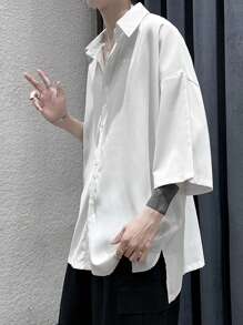 Claim Dot Loose Fit Men's Split Hem Drop Shoulder Shirt, For Fall