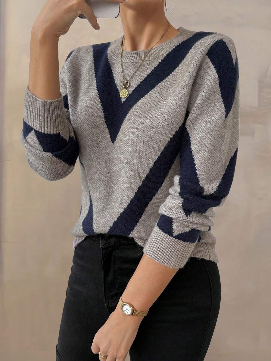 EMERY ROSE 2024 Autumn/Winter New Arrivals Geometric Striped Pullover Sweater,Long Sleeve Tops, Knit Pullover Fall - Multicolor - View 1