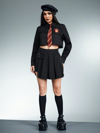 Harry Potter | ROMWE Camisa corta de manga larga con estampado de letras casual para mujer