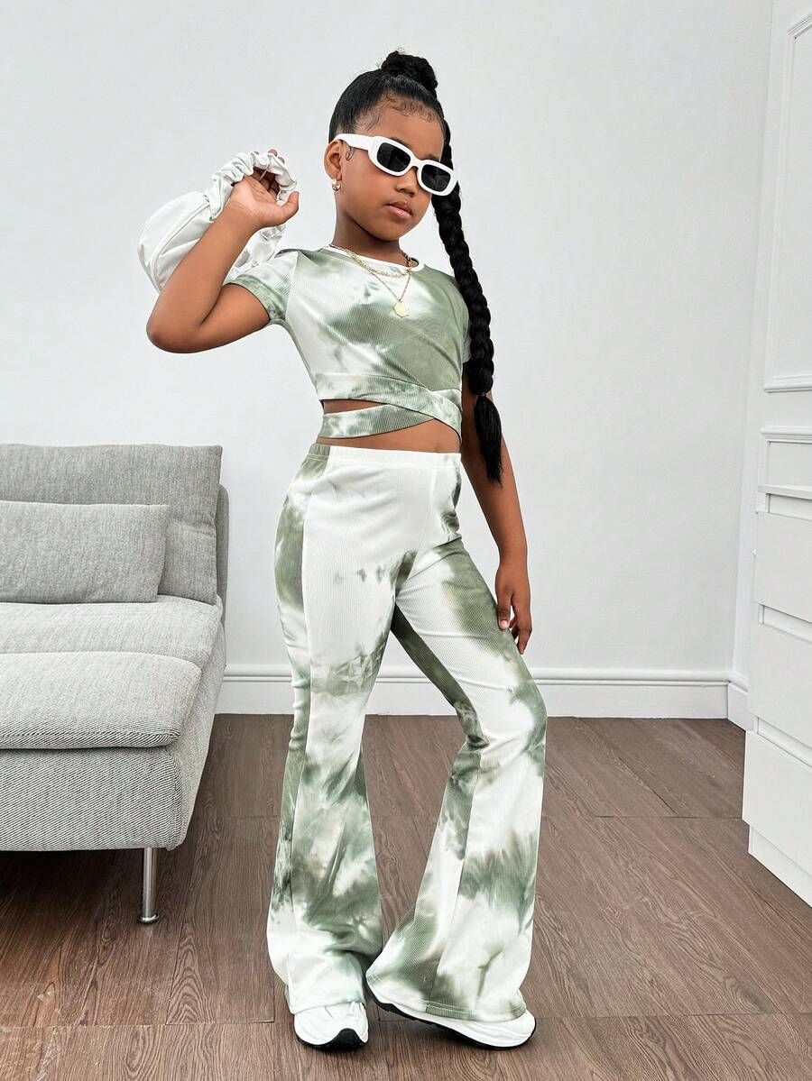 SHEIN 青少年女孩扎染圆领短袖上衣和喇叭裤休闲运动装，春夏 - 軍綠色 - 查看 1