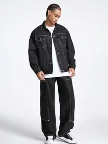 Manfinity VCAY Men's Loose Fit Woven Long Sleeve Jacket & Outwear, For Fall Winter - Black - View 6