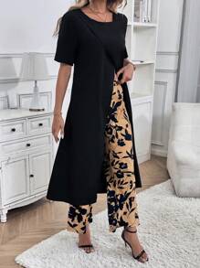 EMERY ROSE 2 件春夏休闲纯色开叉长上衣和花卉印花长裤套装 - 黑色 - 查看 7