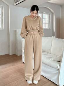 DAZY 2pcs Women's Loose Solid Color Cropped Sweatshirt And Pants Set,Fall Clothes,Thermal Lined Lounge Sets For Women - Apricot - View 9