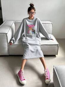 DAZY Women's Loose Cute Printed Fleece Sweatshirt Dress,Fall Clothes,Back To School Clothes - Grey - View 5