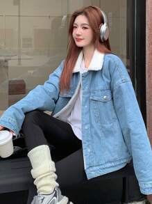 DAZY Women Shearling Patchwork Denim Jacket - Medium Wash - View 3