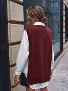SHEIN Essnce Women Spring Autumn Casual Solid Color Side Slit Sweater Vest - Burgundy - View 2