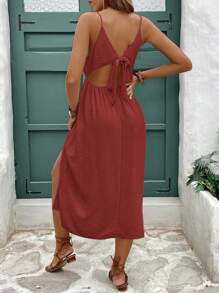 SHEIN Frenchy Vestido veraniego de mujer de unicolor con espalda descubierta, nudo de amarre, textura y tirantes con lazo