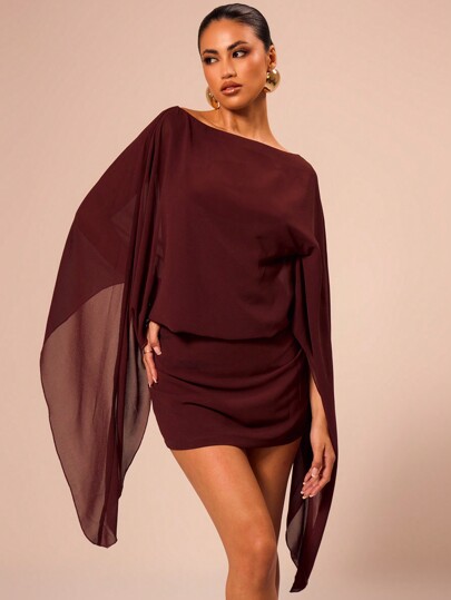 SHEIN X Scheana MUSERA Vestido mini com decote barco, manga, verão, drapeado, slouch, boho, elegante, férias, fofo, sexy, férias, Ibiza, festival, rave, concerto, casamento de outono, convidado, elegante, aniversário, noite fora, encontro, festa de Halloween, outono, Natal, Ação de Graças, chique