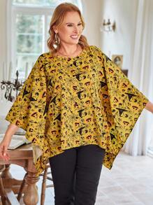 Halloween Plus Size Women Pumpkin Print Round Neck Batwing Loose Casual Blouse, Spring Summer Fall Cloth For Women