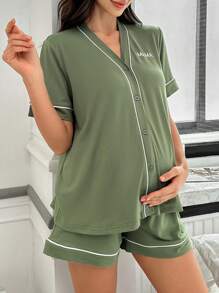 Maternity Contrast Trim Letter Embroidered Open Front Top And Shorts Loungewear Set - Army Green - View 3