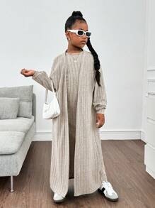 SHEIN Tween Girl Ribbed Knit Long Cardigan Paired With Long Split Dress Apricot Set
