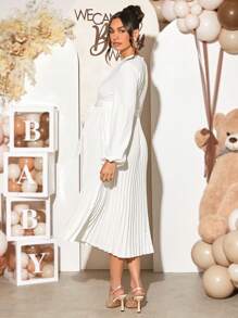 Loomaby Maternity Gender Reveal Dress Round Neck Long Sleeve Waist Tie Pleated Loose Gentle Elegant Dress For Baby Shower Party - White - View 2