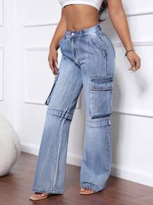 SHEIN SXY Jeans anchos de pierna ancha con bolsillo cargo de ajuste suelto y relajado para mujer