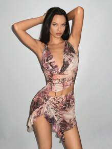 EgrlEra 女士夏季字母印花露背腰镂空性感紧身吊带连衣裙 Y2K 服装俱乐部服装节日连衣裙女士迷你短款女士服装 - 銅色 - 查看 1