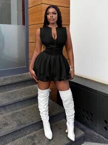 Slaydiva New Sleeveless Cutout Front Zipper Casual Vacation Everyday Bubble Dress - H - Black - View 5