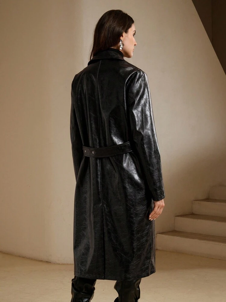 Abrigo de trinchera de mujer con cuello de solapa y efecto de piel sintética de moda