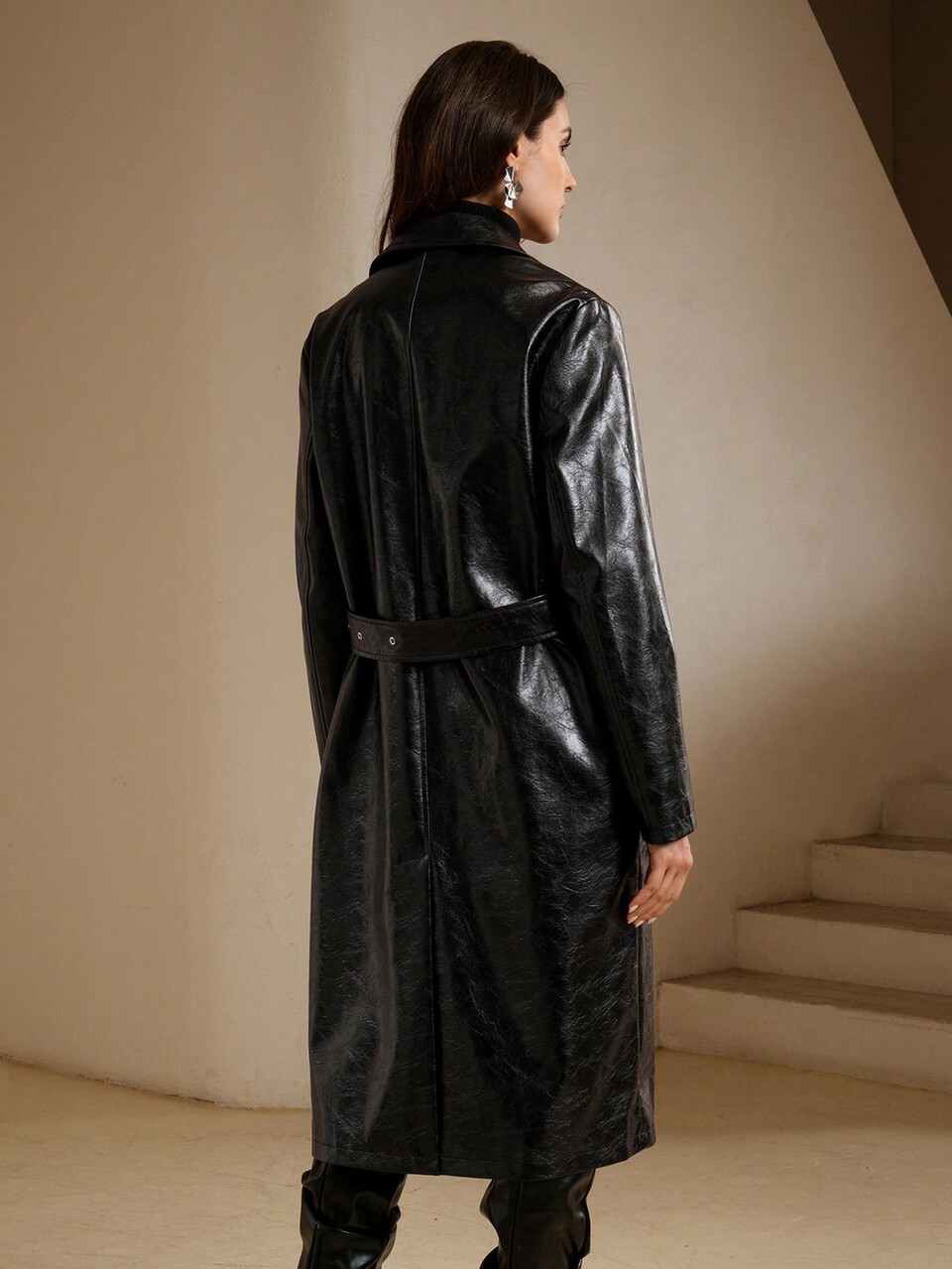 Women's Fashionable Lapel Faux Leather Trench Coat