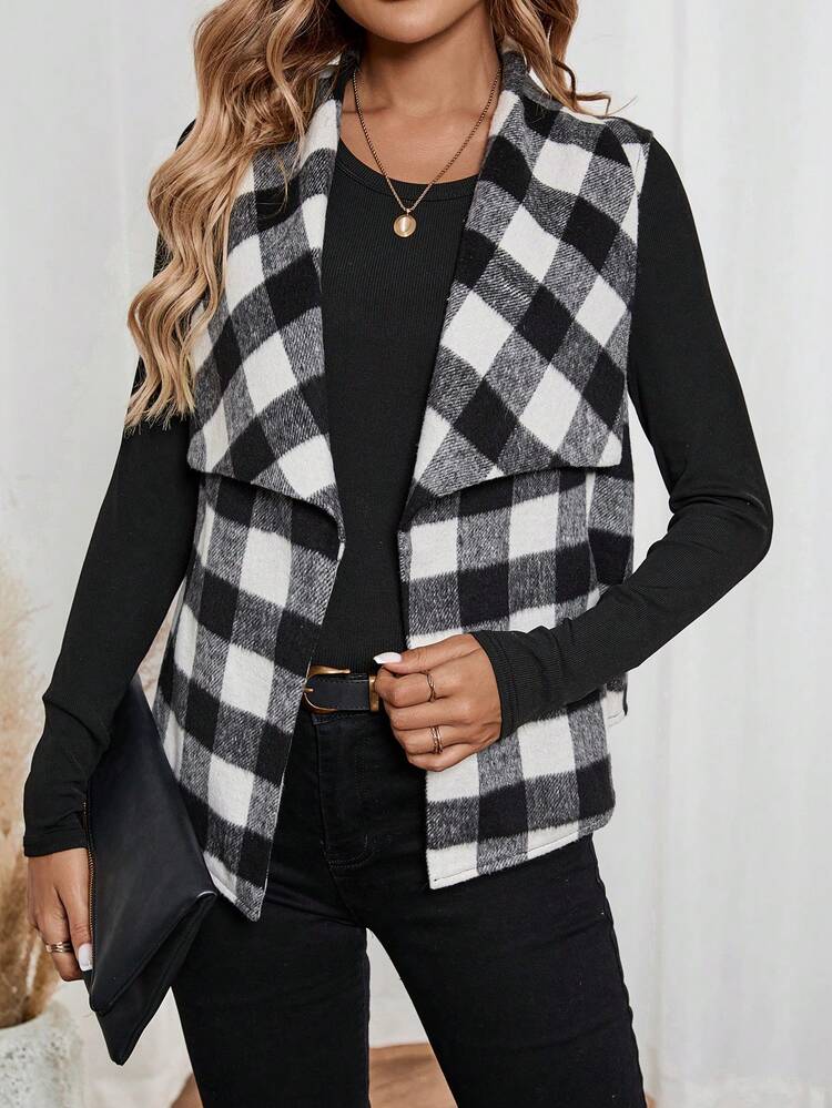 Women's Plaid Lapel Sleeveless Casual Woolen Jacket For Autumn And Winter