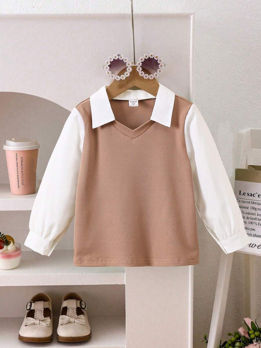 SHEIN 1pc Young Girls Casual Commuter Textured Ribbed Patchwork Elastic Long Sleeve Collared Shirt, Fashion Versatile Stylish & Elegant Suitable For Spring & Autumn Mocha Tops For Baby Girlbrown Tops For Baby Girlmocha Blouse For Young Girl - Multicolor - View 1