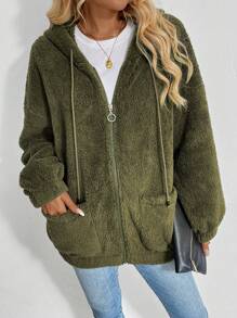 SHEIN LUNE Chaqueta con cremallera con capucha de forro polar verde del ejército para mujer, cálida y cómoda - Verde militar - Ver 6