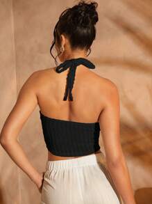 SHEIN Unity Gold Hardware Detail Asymmetrical Hem Halter Crop Top - Black - View 2