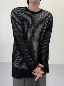 DAZY 男士纯色圆领长袖毛衣，春夏 - 黑色 - 查看 4