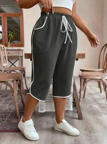 SHEIN LUNE Plus size dam med dragsko i midja med fickor Casual Capri träningsbyxor - Ljusgrå - Visa 4