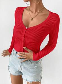 Chiquease 女士浪漫 V 领纽扣短开衫，红色优雅修身情人节 - 紅色 - 查看 4