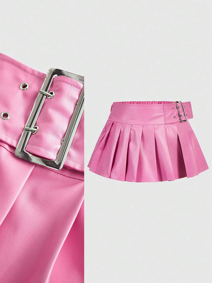 SHEIN ICON Hơn Chất rắn chất liệu da PU Chân Váy xếp ly - Màu Hồng Tươi - Xem 1