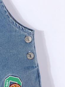 Vintage Street Style Ripped & Distressed Washed Denim Jumpsuit With Animal Embroidered Patches For Young Boys Casual Loose Fit - Medium Wash - View 3