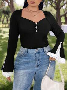 Calvaya Plus Size Elegant Square Collar Patchwork Lace Long Sleeve Work Blouse - Black - View 6