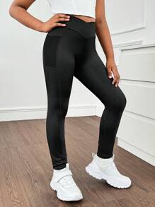 SHEIN Tween Girls Minimalist Comfy Casual Sports Waist Phone Pocket Tight Leggings - Black - View 6
