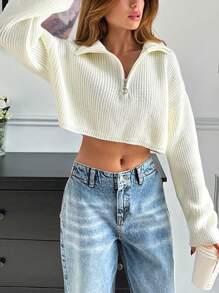 RueChic Women's Casual Loose Fit Zip-Up Ribbed Knit Sweater, Autumn/Winter - White - View 2