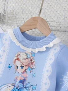 Young Girl Cute Blue Sweater Dress, Princess Style Cartoon Design Knitted Dress For Children, Suitable For Daily Wear, Outings, Autumn & Winter - Blue - View 3