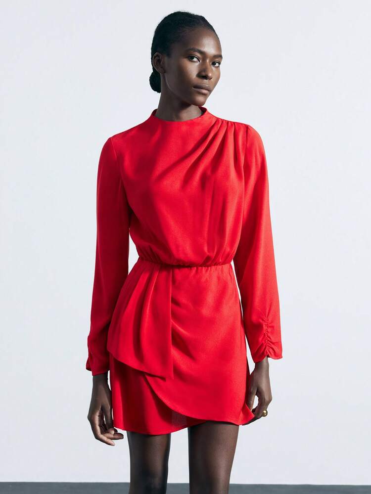 SHEIN Maija Women's Red Shoulder Ruched Front Wide Sleeve Ruched Cuff Long Sleeve Fashion Versatile Casual Daily Solid Color Wrap Mini Dress, Suitable For Early Spring, Valentine's Day Party