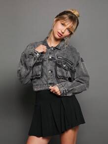 WESTFADE Premium Cotton Denim Cropped Casual Fall Cargo Jacket - Black - View 11