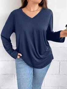 SHEIN Clasi 大码 V 领长袖纽扣休闲 T 恤