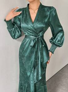 Modelyn 女款深綠色花卉提花V領長袖優雅洋裝，秋季婚禮賓客長款晚禮服，適合休閒日常/旅行/度假/假期 - 綠色 - 查看 8