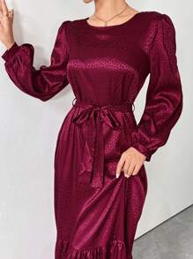 Al Najma Burgundy Red Women's Elegant Arabian Dress With Crew Neck, Lantern Sleeves And Ruffle Hem Modest Long Sleeve Elegant Style For Casual Daily/Work/Holiday/Evening Parties/Wedding Guest Arabian Dress - Burgundy - View 4